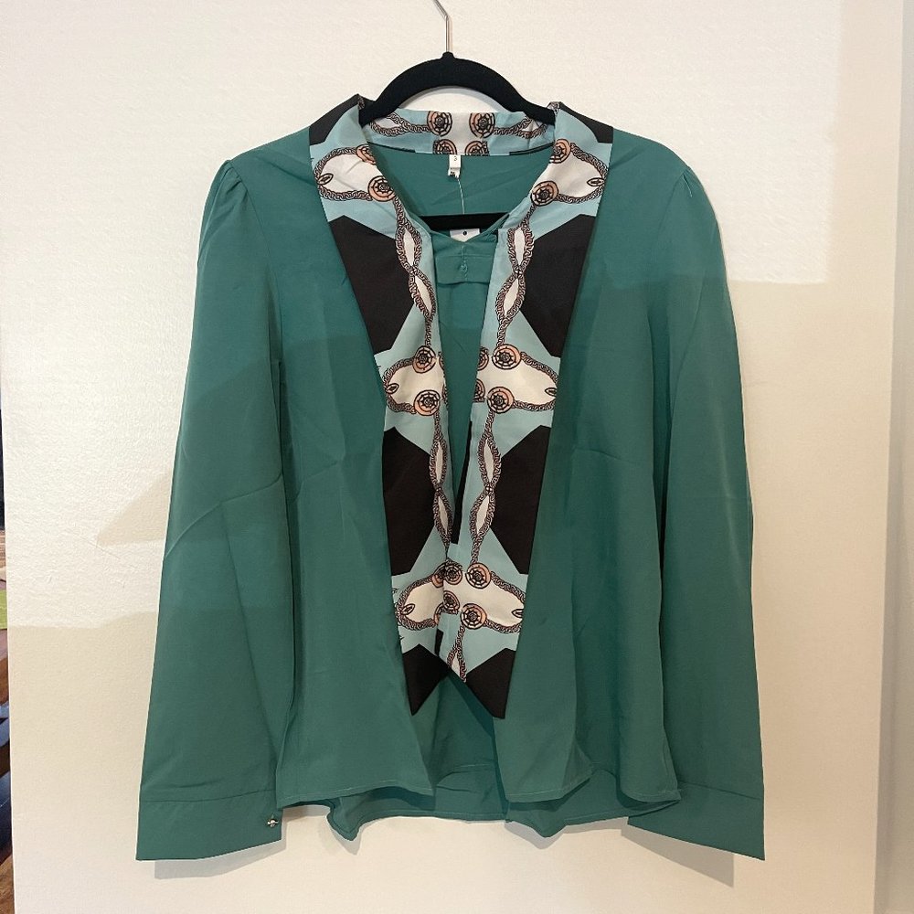 Blouse with Connected Printed Neck Scarf